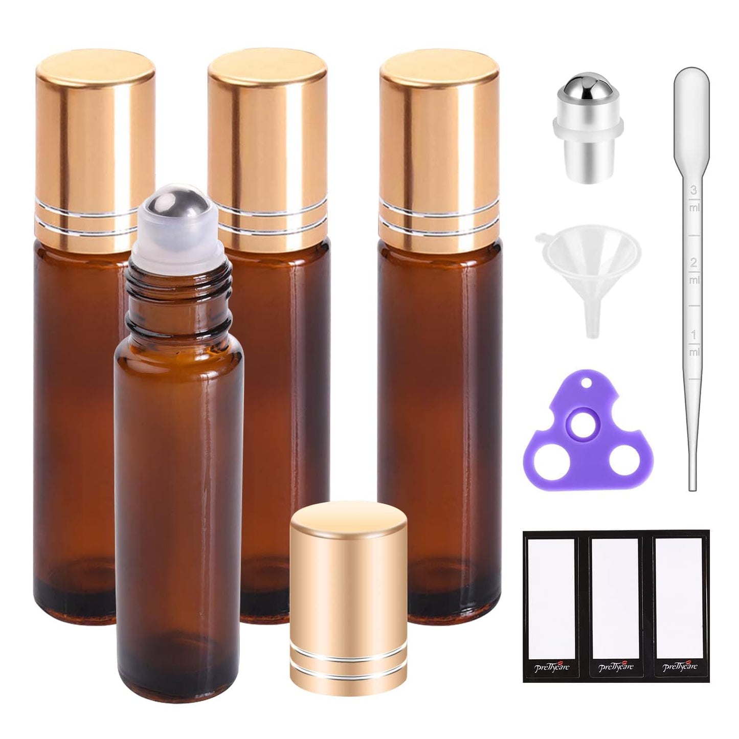 PrettyCare Essential Oil and Roller Bottles β 4 Pack (10ml, Amber Glass)